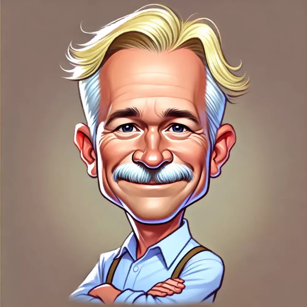 DALL·E 2024-11-05 16.36.58 - Caricature of a man around 50 years old with blonde hair, a white mustache, and a slim build. He appears as a typical Central European, with slightly