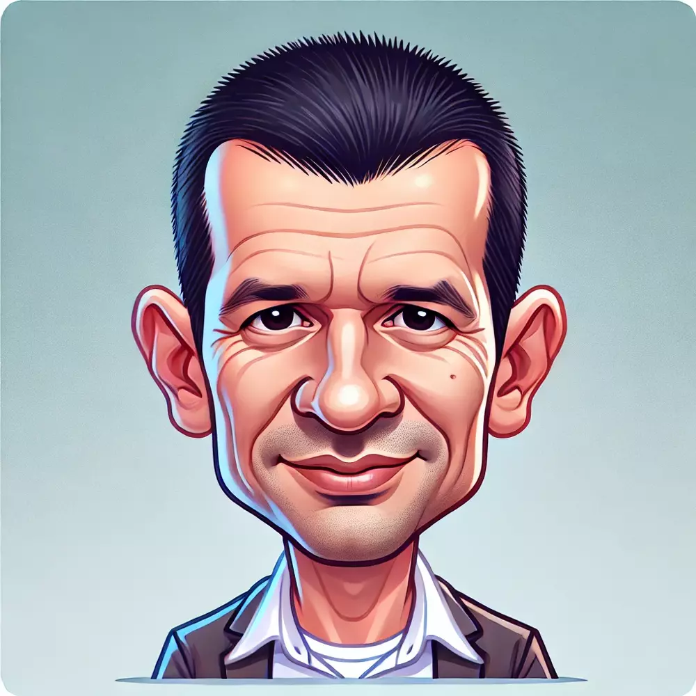 DALL·E 2024-11-05 16.38.30 - Caricature of a man around 50 years old with short black hair, clean-shaven, and a slim build. He appears as a Balkan European, with slightly exaggera